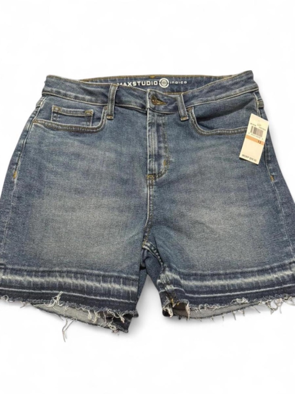 Max Studio Indigo denim shorts, classic five-pocket design, a zip fly, size 12